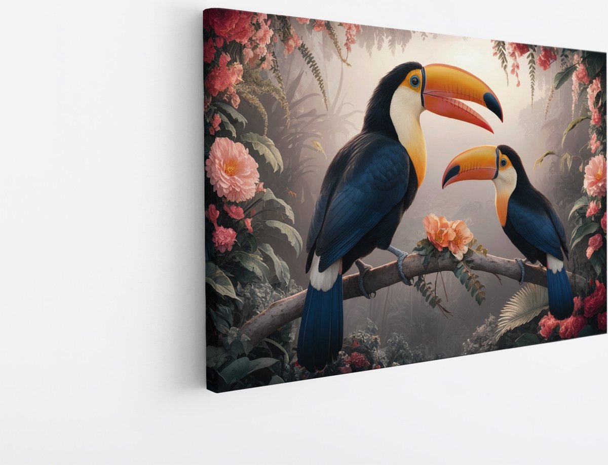 Saammp Canvas Schilderij - Abstracte Toekans tussen de bloemen - Dieren - Natuur - 90x60 - Foto op canvas - Wanddecoratie - muurdecoratie Woonkamer - Slaapkamer decoratie - Canvas Print Multicolor
