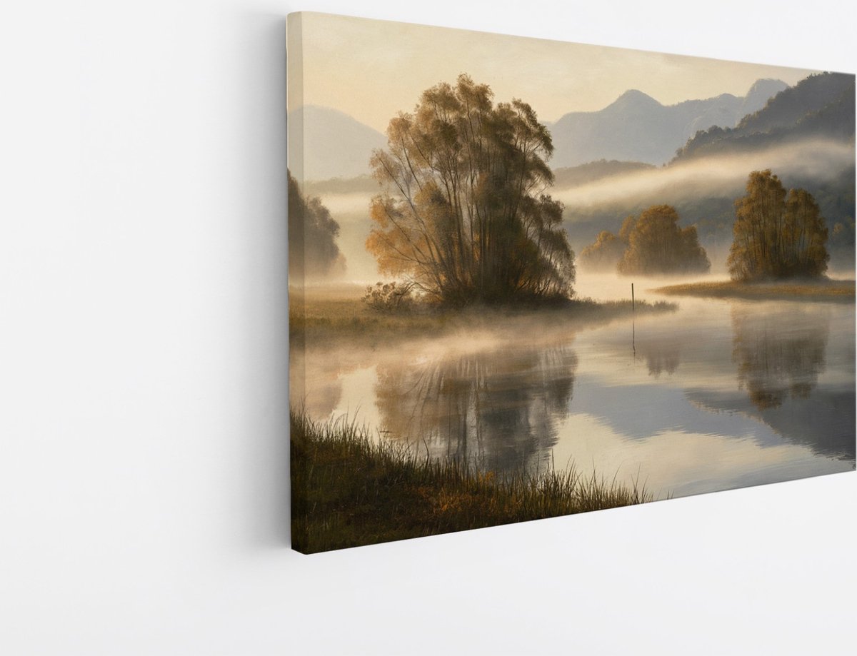 Saammp Canvas Schilderij -Mistig Landschap - Bergen - Natuur - 50x40 - Foto op canvas - Wanddecoratie - Muurdecoratie Woonkamer - Slaapkamer decoratie - Canvas Print Multicolor