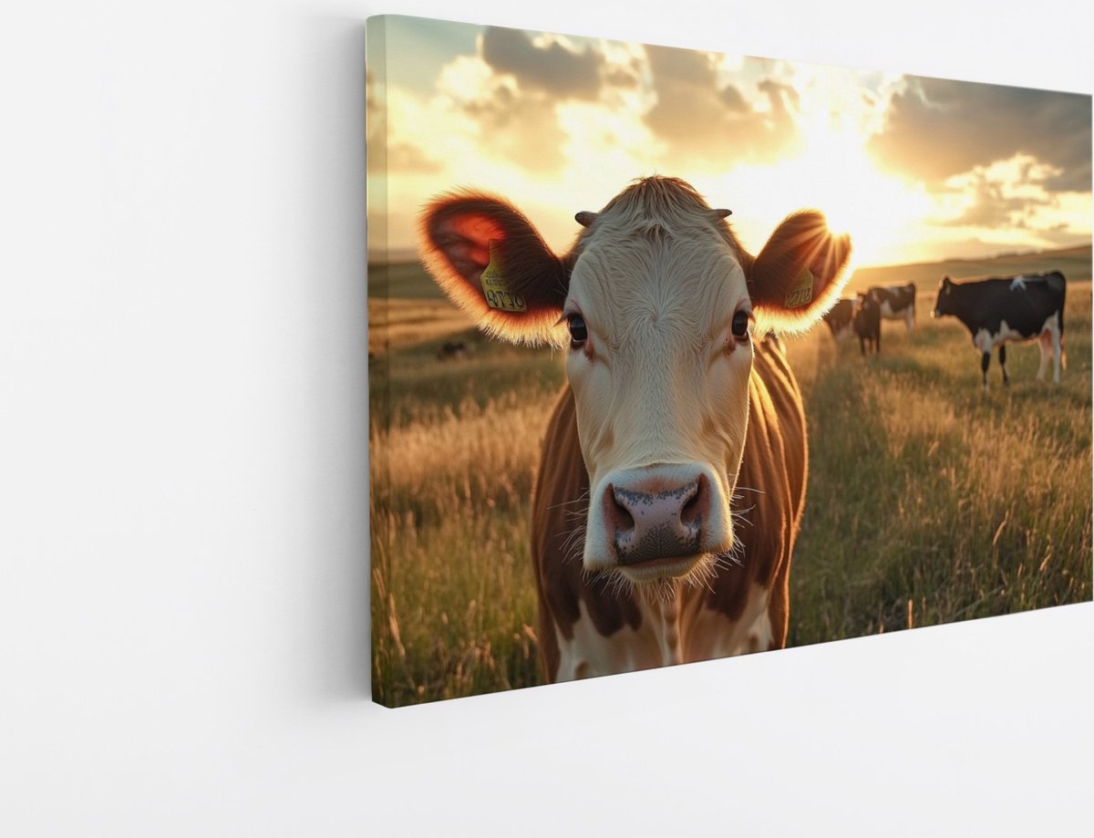 Saammp Canvas Schilderij - Koe in de wei - Landschap - Dieren - Natuur - 45x30 - Foto op canvas - Wanddecoratie - Muurdecoratie Woonkamer - Slaapkamer decoratie - Canvas Print Multicolor