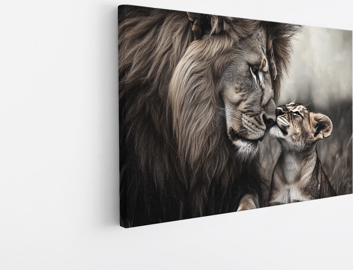 Saammp Canvas Schilderij - Leeuwen Welp met Vader - liefde - Dieren - Natuur - 45x30 - Foto op canvas - Wanddecoratie - Muurdecoratie Woonkamer - Slaapkamer decoratie - Canvas Print Multicolor
