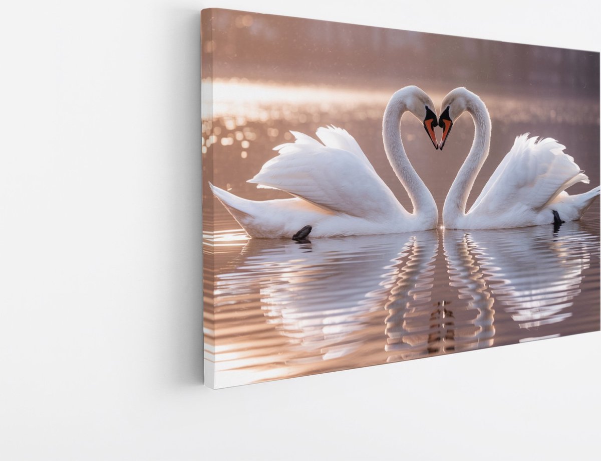 Saammp Canvas Schilderij - 2 Zwanen in zonsondergang - Natuur - Dieren - 40x30 - Foto op canvas - Wanddecoratie - Muurdecoratie Woonkamer - Slaapkamer decoratie - Canvas Print Multicolor