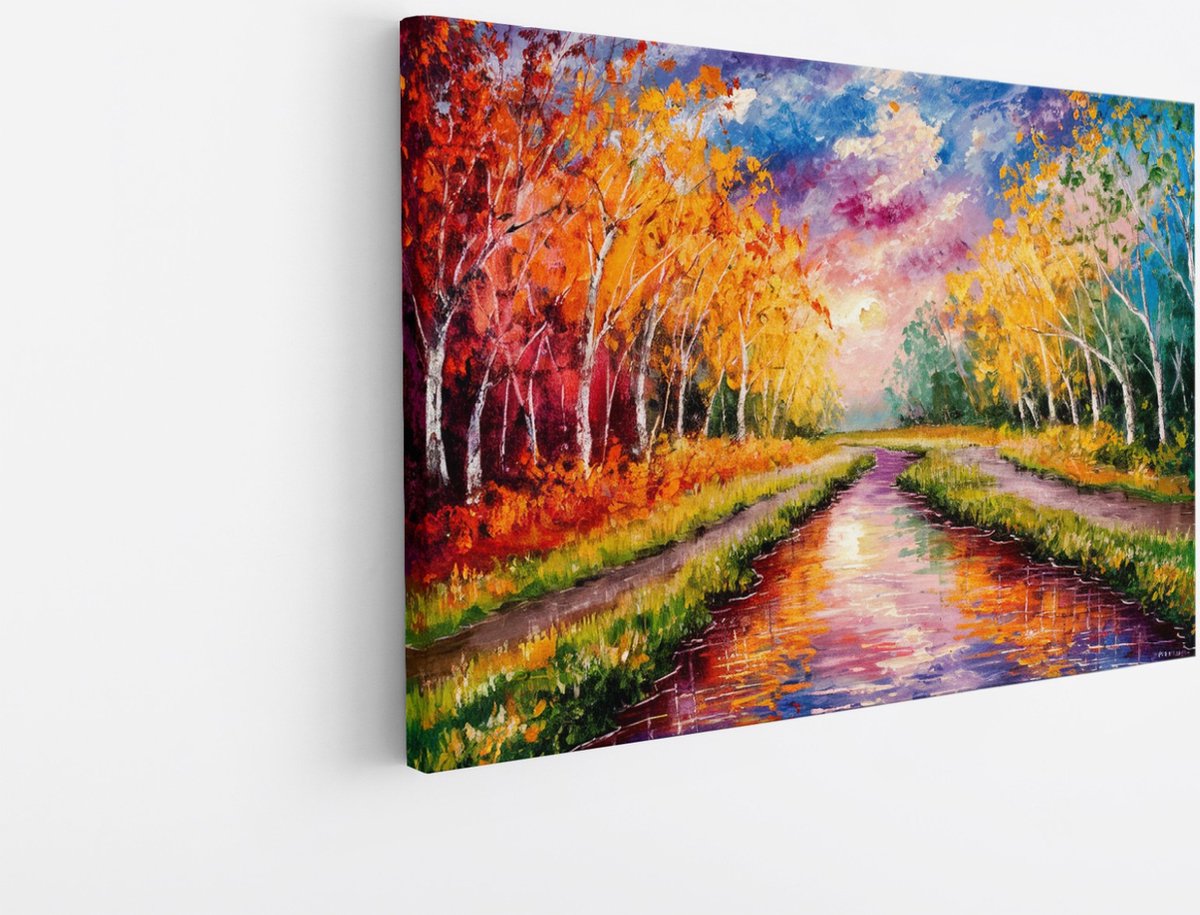 Saammp Canvas Schilderij - Kleurrijke bomen naast een rivier - Natuur - 70x50 - Foto op canvas - Wanddecoratie - Muurdecoratie Woonkamer - Slaapkamer decoratie - Canvas Print Multicolor