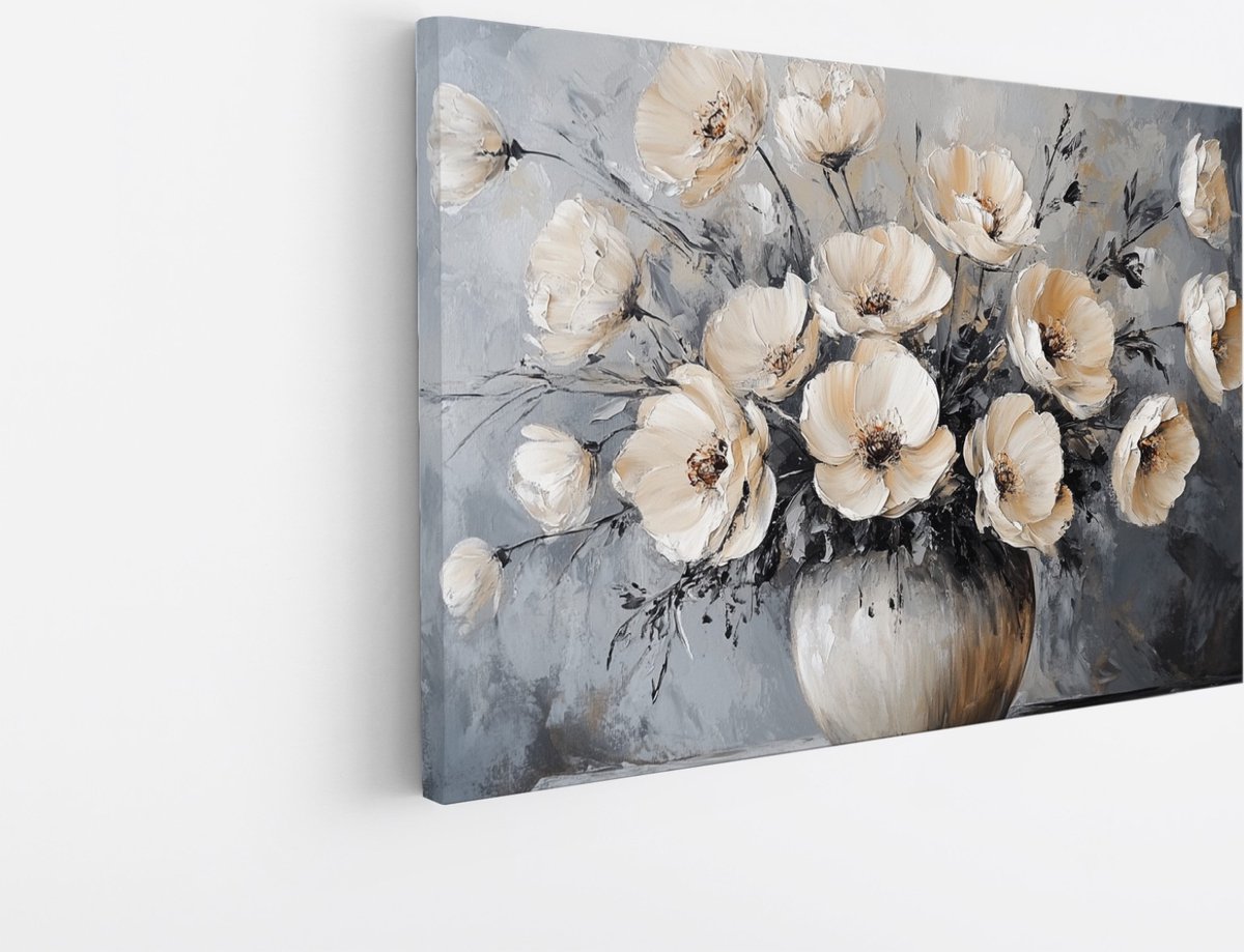 Saammp Canvas Schilderij - Witte Bloemen in een mooie vaas - Stilleven - Abstract - 100x75 - Foto op canvas - Wanddecoratie - Muurdecoratie Woonkamer - Woonkamer Decoratie Multicolor