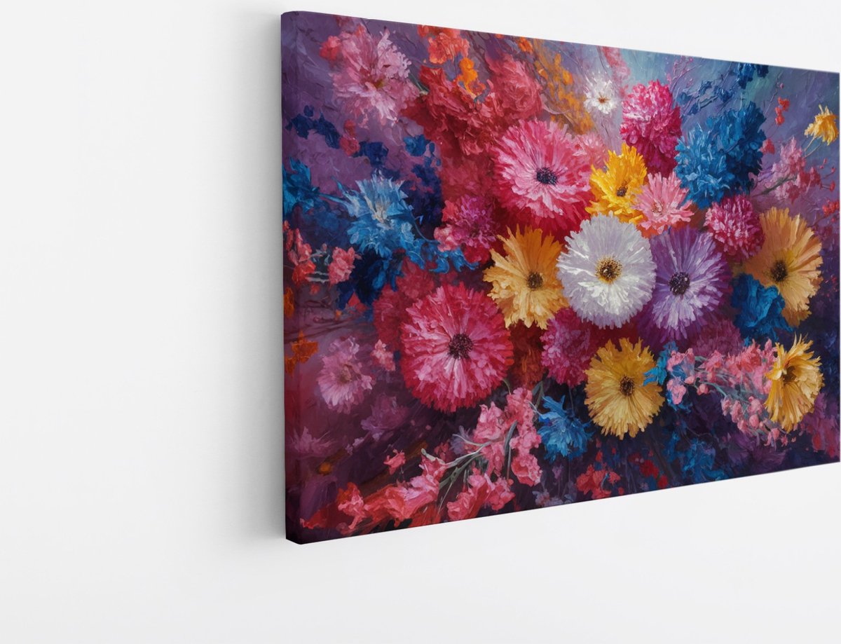 Saammp Canvas Schilderij - Kleurvolle bloemen - Abstract - 100x75 - Foto op canvas - Wanddecoratie - Muurdecoratie Woonkamer - Kantoor Decoratie Multicolor