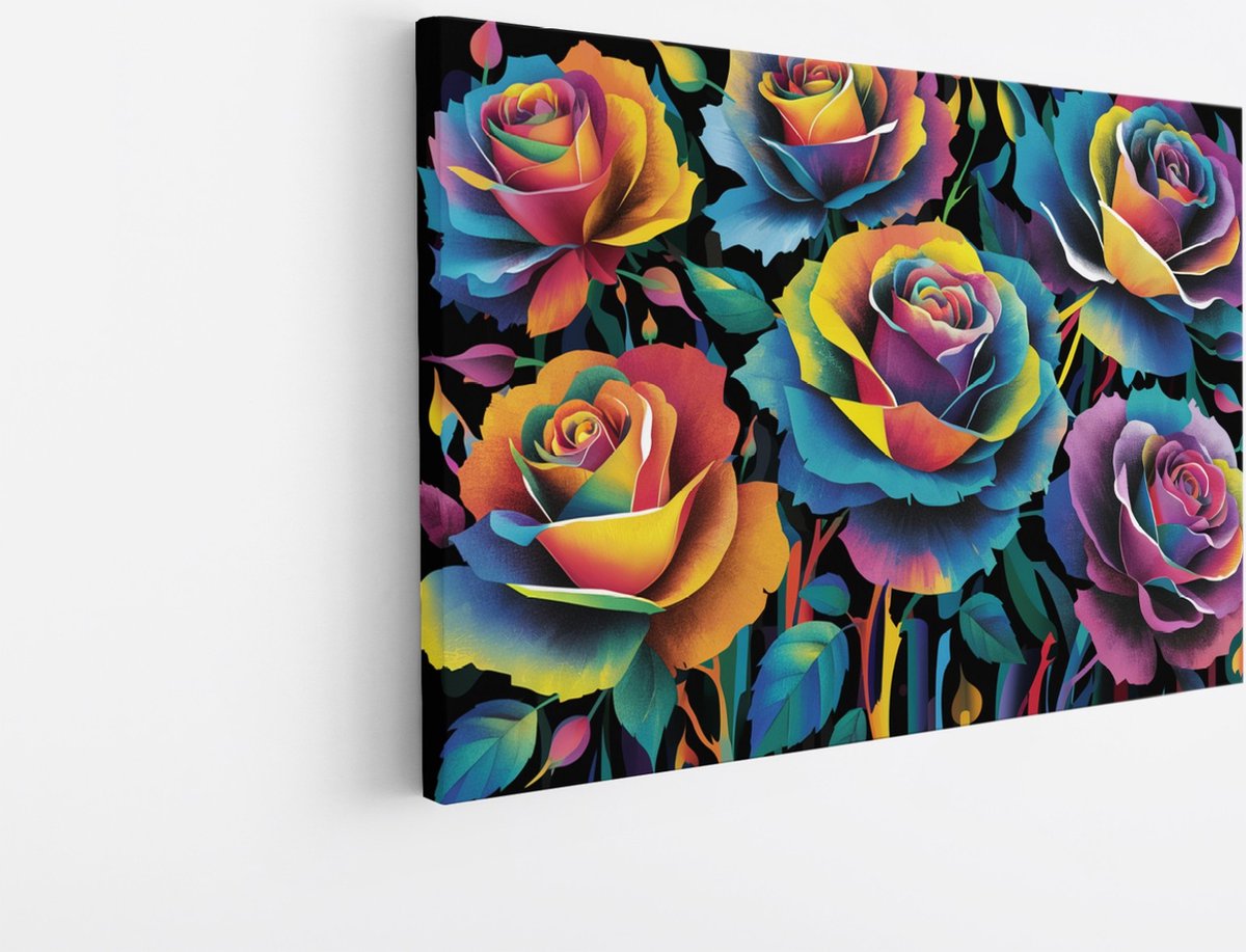 Saammp Canvas Schilderij - Regenboogrozen - Natuur - Abstract - 45x30 - Foto op canvas - Wanddecoratie - Muurdecoratie Woonkamer - Kantoor Decoratie Multicolor