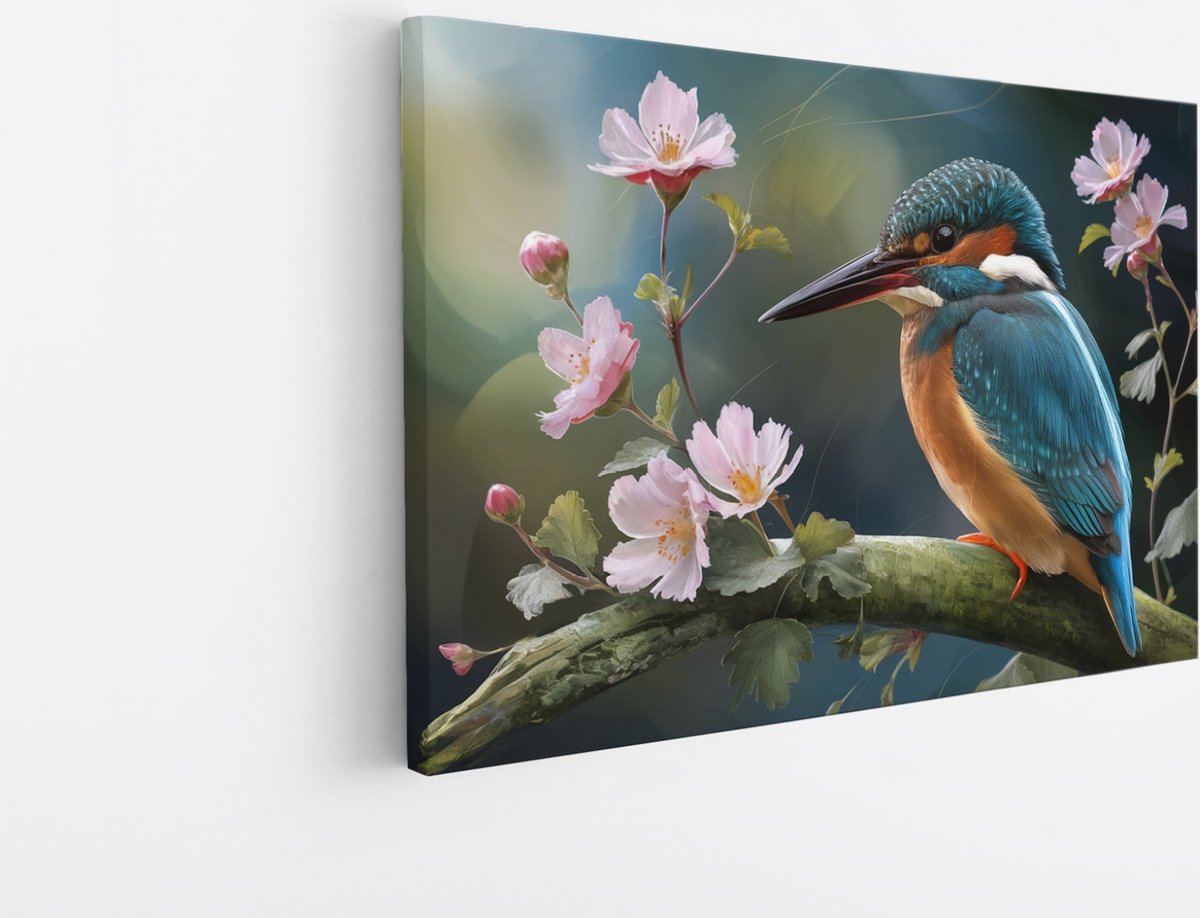 Saammp Canvas Schilderij - Kingfisher met Bloesem - Natuur - Abstract - 45x30 - Foto op canvas - Wanddecoratie - Muurdecoratie Woonkamer - Kantoor Decoratie Multicolor