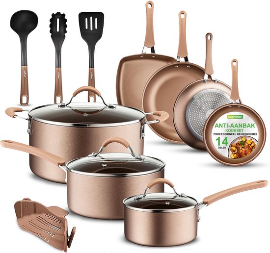 NutriChef Pannenset inductie- 14 Delige Pannenset Pfas-Vrij Hittebestendig - Met Steelpan, Koekenpannen, Kookpotten en Braadpan - Goud