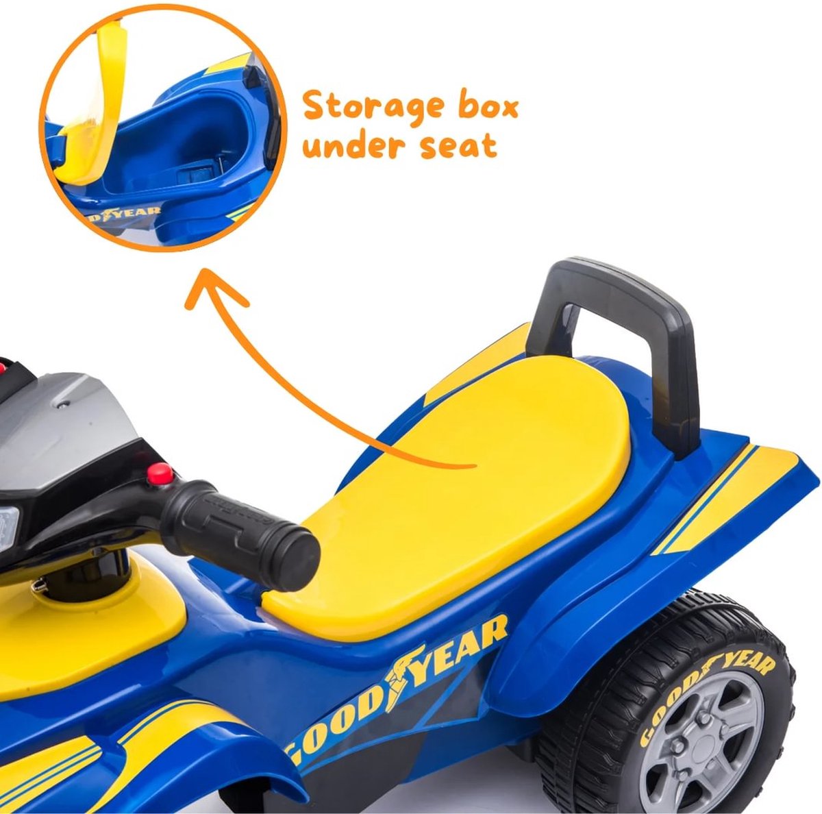 Goodyear Loopauto 1 tot 3 jaar – Officieel Gelicentieerde Quad Loopauto met Verlichting, Toeter & Opbergvak – Buitenspeelgoed Peuter met Blokstandaard & Cadeaubox – Blauw – foto 8