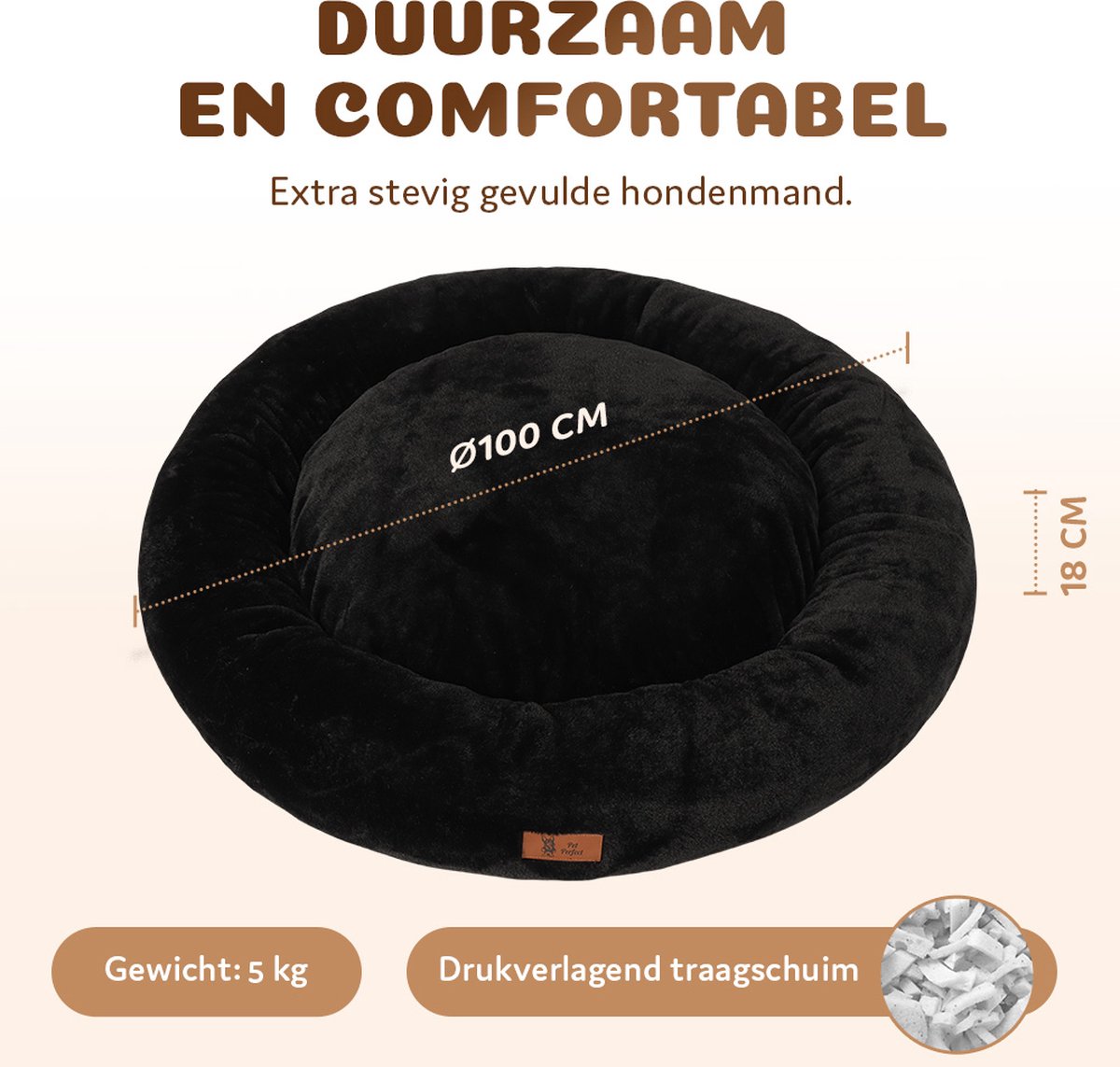 Pet Perfect Orthopedische Hondenmand – Donut Hondenmand – Hondenkussen – Hondenbed – Wasbaar - 100 cm - Zwart thumbnail 4