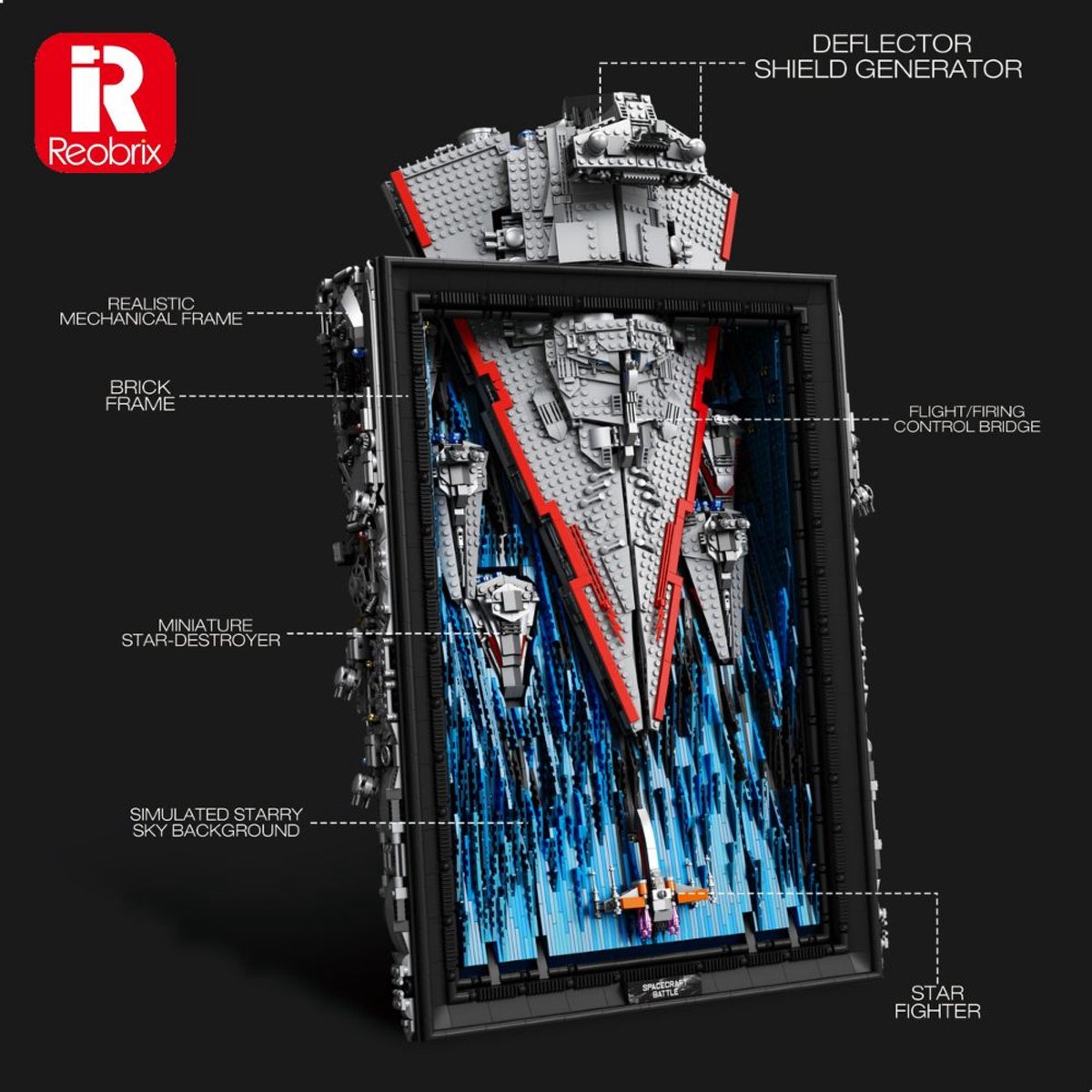 Reobrix 99007 Millennium Star Wall art bouwset | Space wars constructie modelbouw | Educatief ruimte militair & leger speelgoed bouwpakketten voor kinderen & volwassenen | DIY Wanddecoratie schilderij geschikt voor Lego | Bouwdoos met 5964 bouwstenen — afbeelding 5