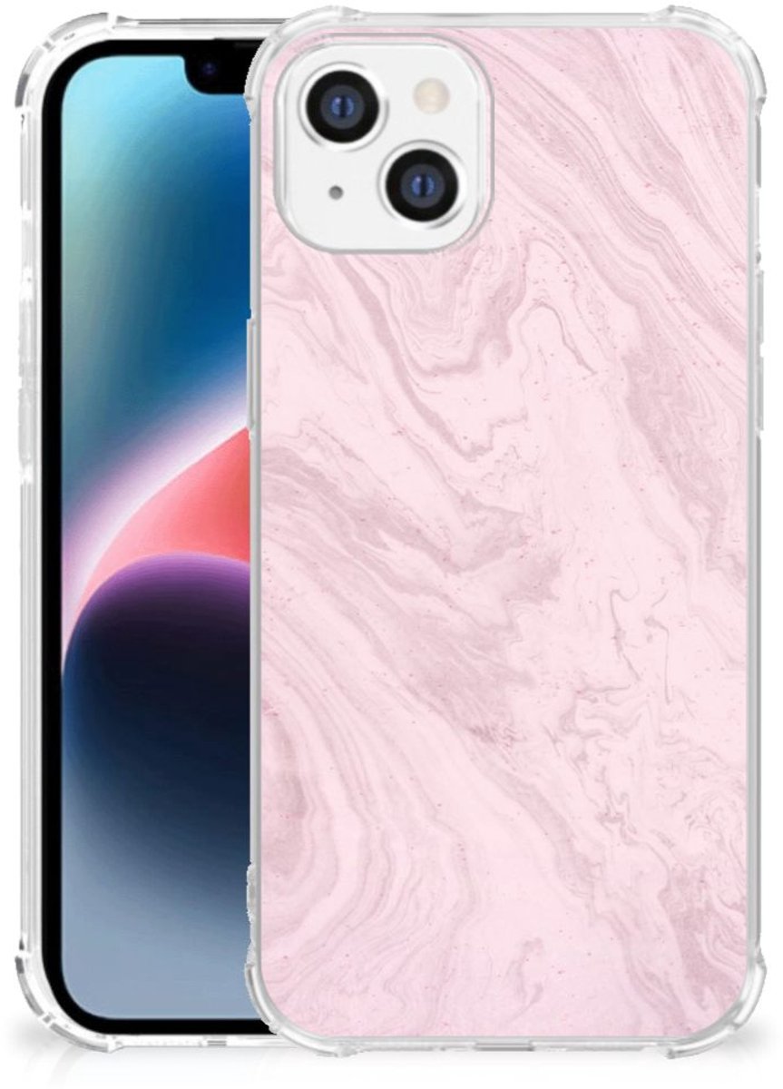 Apple iPhone 14 Plus Anti-Shock Hoesje Marble Pink - Origineel Cadeau Vriendin