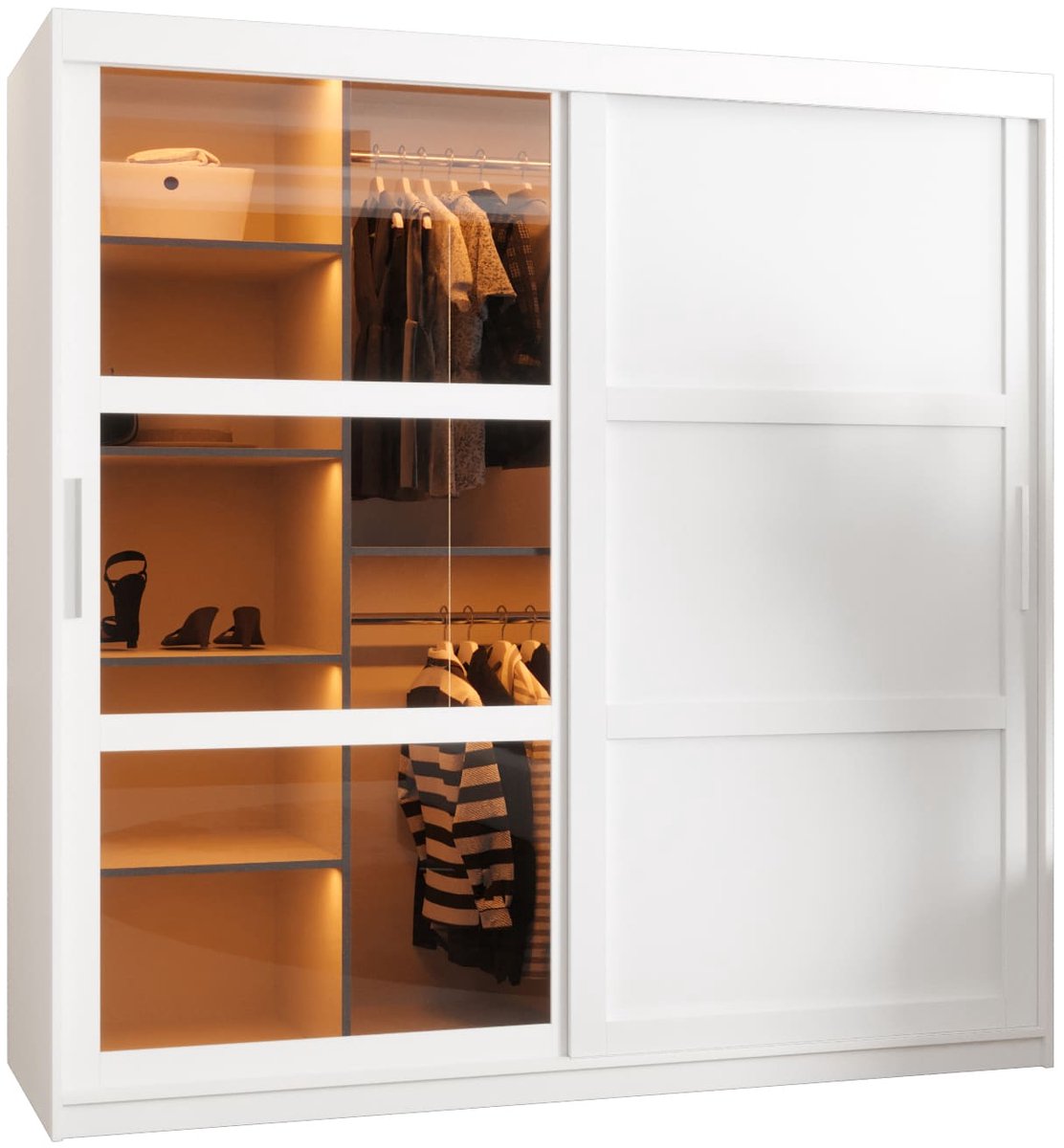 AJE Meubles B.V. Zweefdeurkast Kledingkast met 2 schuifdeuren glanzen Garderobekast slaapkamerkast Kledingstang met planken | elegante kledingkast - DEMO 3 (180 cm, Wit)