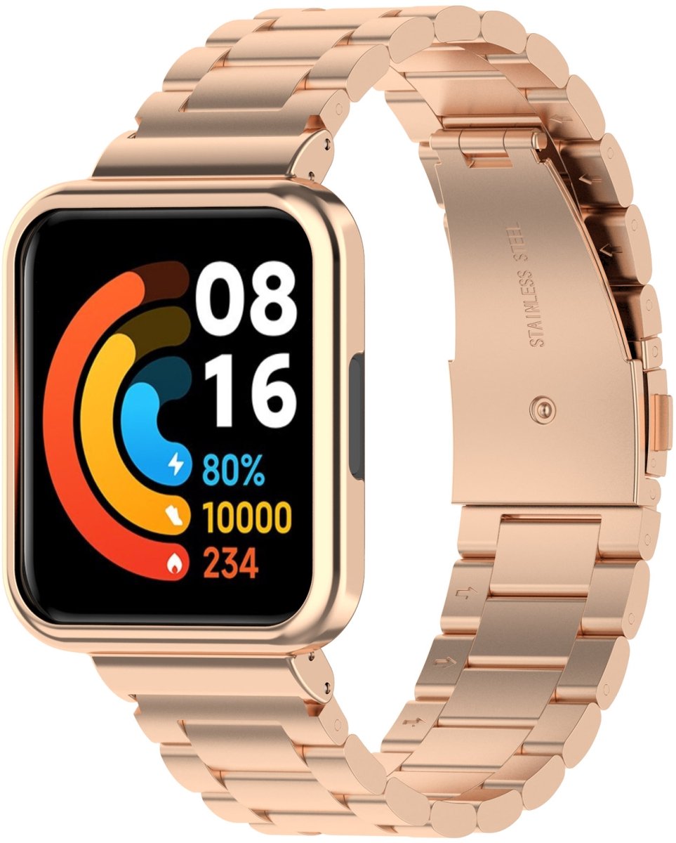 By Qubix - Stalen schakelband met case - Rosé goud - Geschikt voor Xiaomi Redmi Watch 2 (Lite)