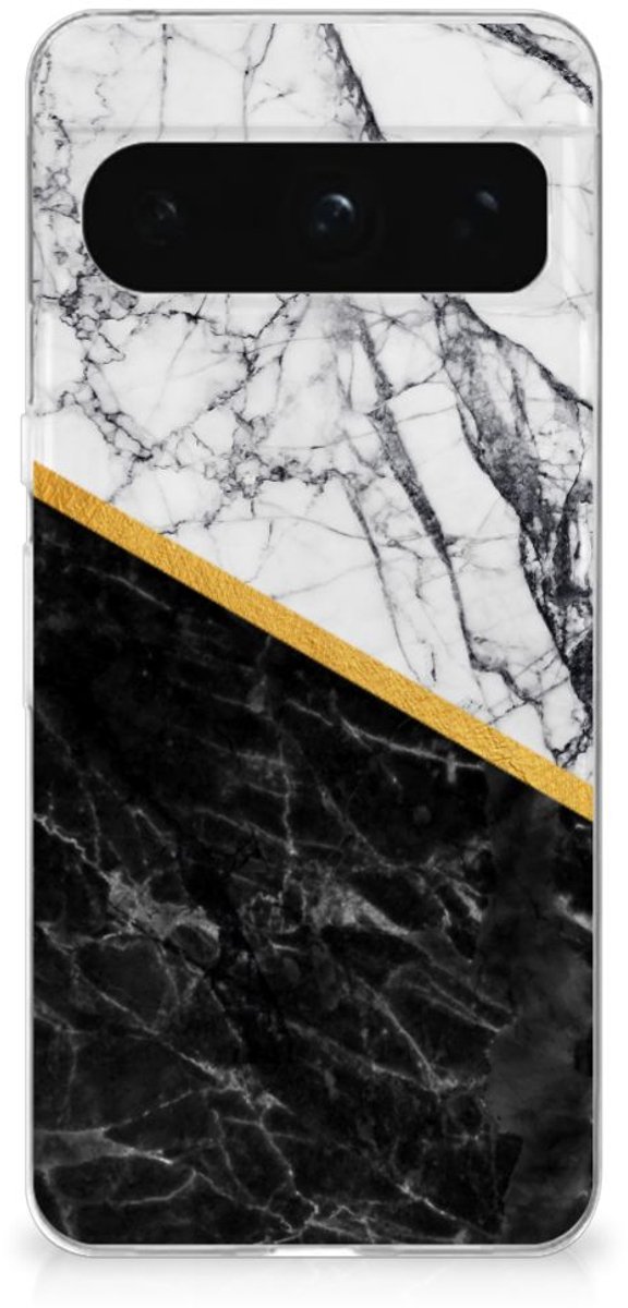 Google Pixel 8 Pro TPU Siliconen Hoesje Marmer Wit Zwart - Origineel Cadeau Man