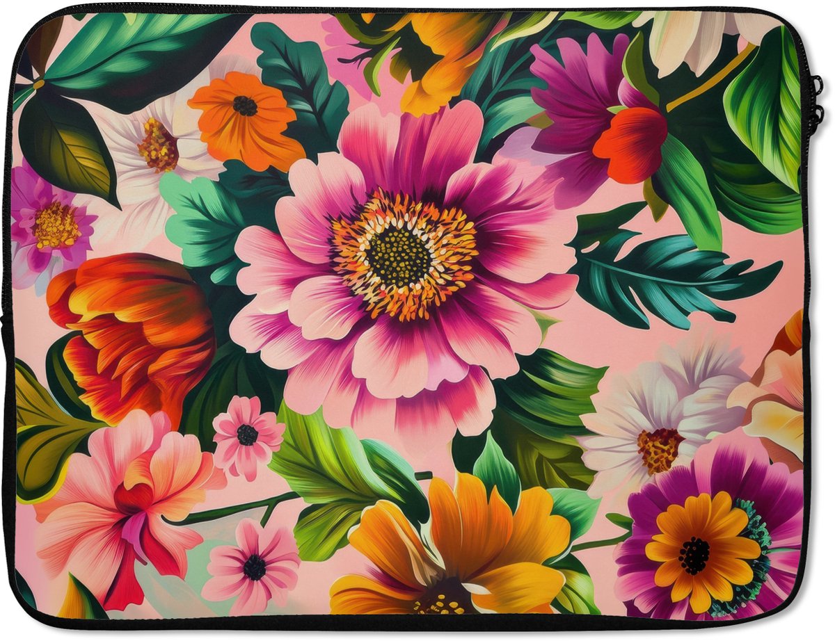 Laptophoes 15.6 inch - Bloemen - Kleurrijk - Roze - Laptop sleeve - Binnenmaat 37x26 cm - Zwarte achterkant