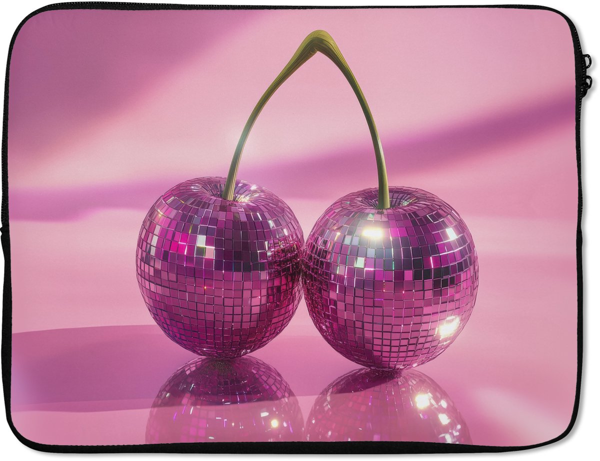 Laptophoes 15.6 inch - Glitter - Discobol - Roze - Kersen - Laptop sleeve - Binnenmaat 37x26 cm - Zwarte achterkant