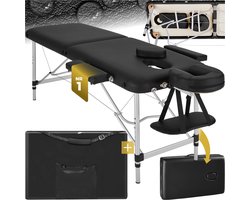 tectake® Aluminium Massagetafel - 2 Zones, 4cm Matras - 205 x 82 cm - Opvouwbaar en In Hoogte Verstelbaar - Inclusief Hoofdsteun, Armleuning en Draagtas - Draagbare Behandelbank voor Therapie en Massage - Zwart