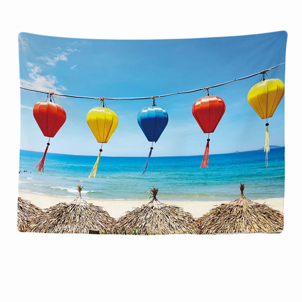 Ulticool Lantaarn Slingers Lampion Strand Zee Vietnam - Wandkleed - 200x150 cm - Groot wandtapijt - Poster Blauw