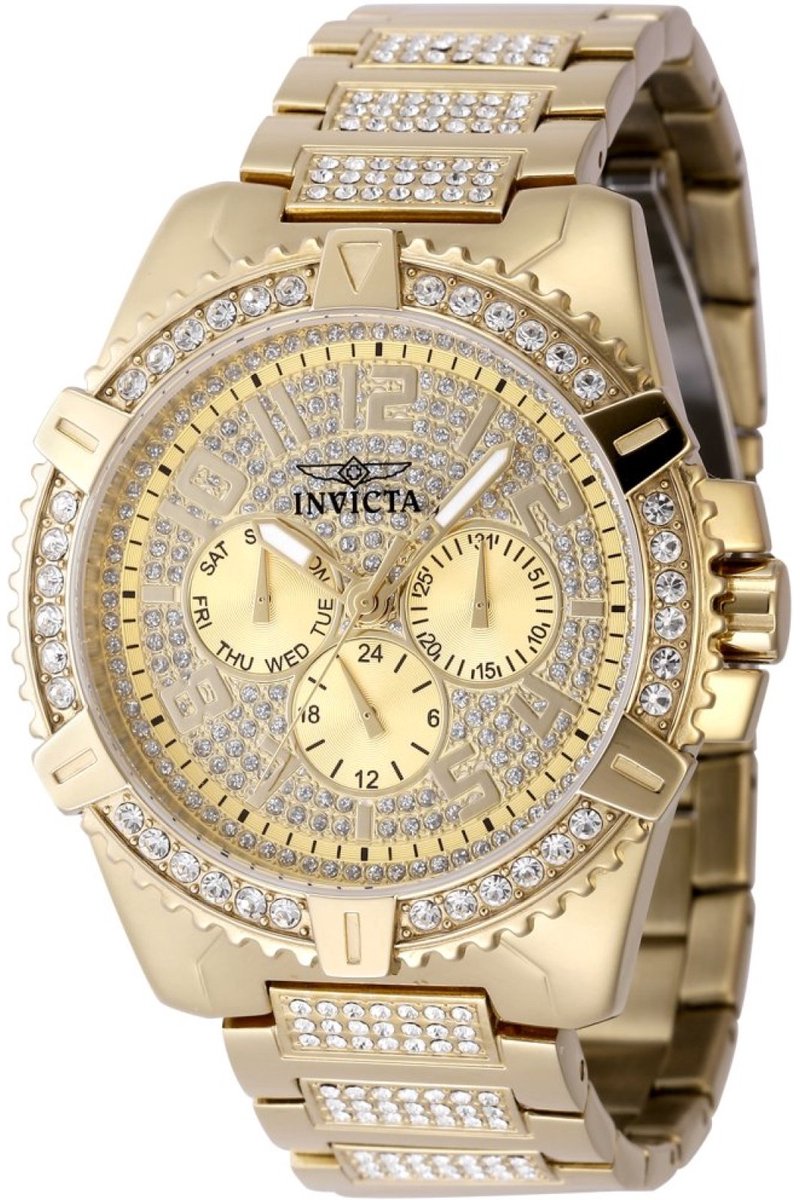 Invicta Celestial 48561 Heren Horloge - Waterdicht - Analoog - Quartz Uurwerk - Roestvrij Staal met gouden Wijzerplaat - 45mm