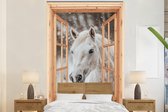Behang - Fotobehang Doorkijk - Paard - Wit - Winter - Sneeuw - Dieren - Breedte 195 cm x hoogte 300 cm