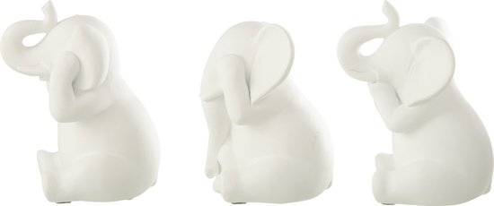 Drie witte olifantbeelden zittend, elk met een poot voor de ogen, oren of mond.