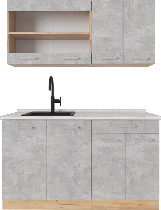 Eenpersoonskeuken R-Line Wit/antraciet 160 cm J-Shape, WB Marmer Vicco | Wit/antraciet | met marmeren werkblad | 406673137808106