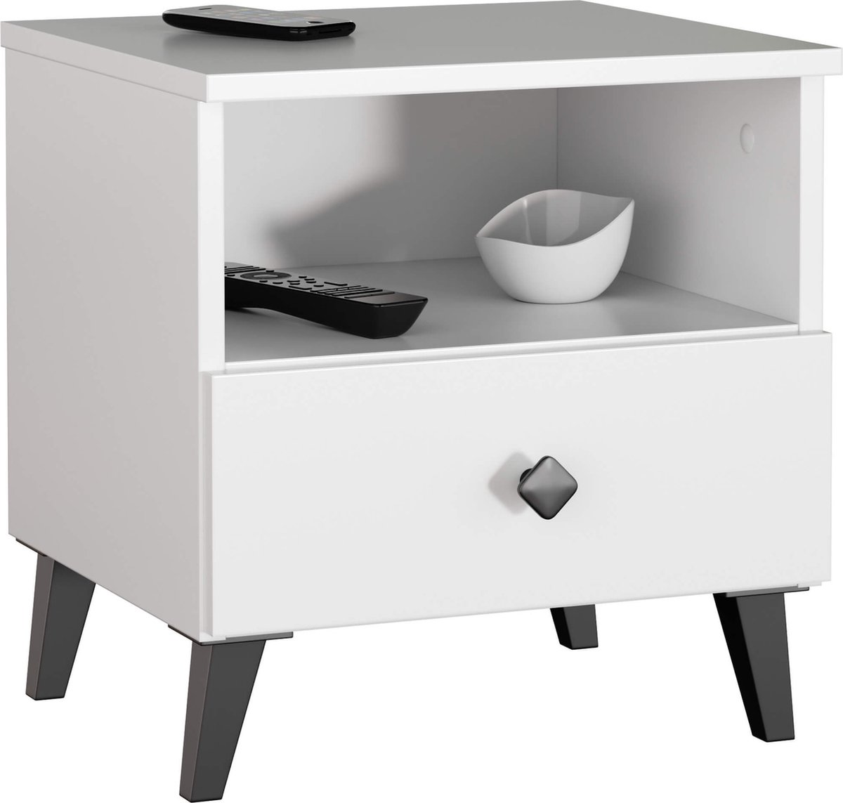 Akord Nachtkastje MOBI met 1 Lade / AKORD Furniture Factory / Wit met Zwarte Handgrepen / 40 x 43 x 37 cm