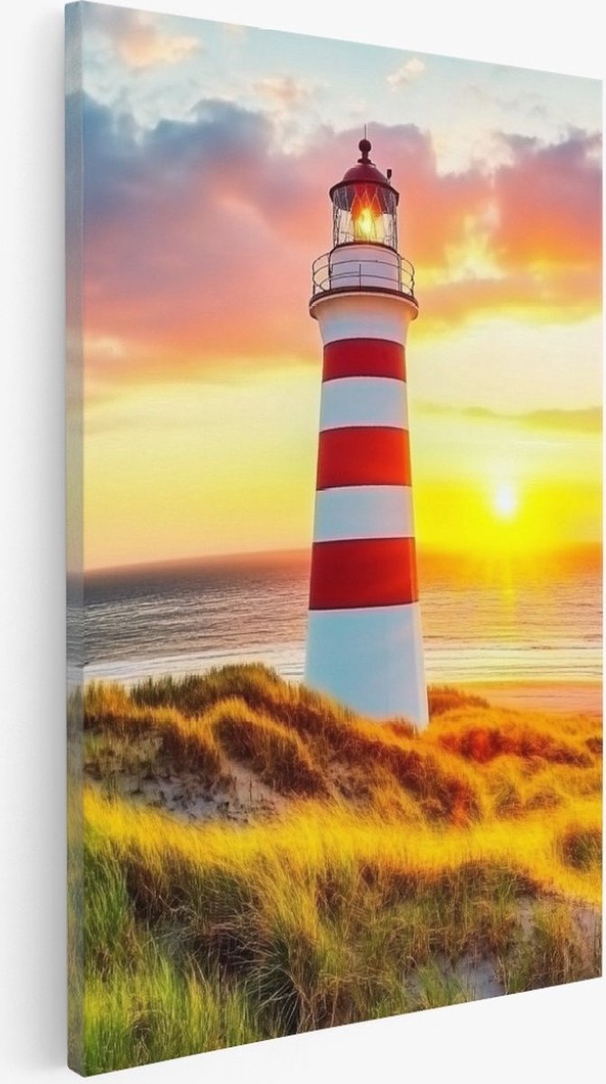 Saammp Canvas Schilderij - Vuurtoren bij zonsondergang - strand en zee - 40x50 - Foto op canvas - Wanddecoratie - muurdecoratie Woonkamer - Slaapkamer decoratie - Canvas Print Multicolor