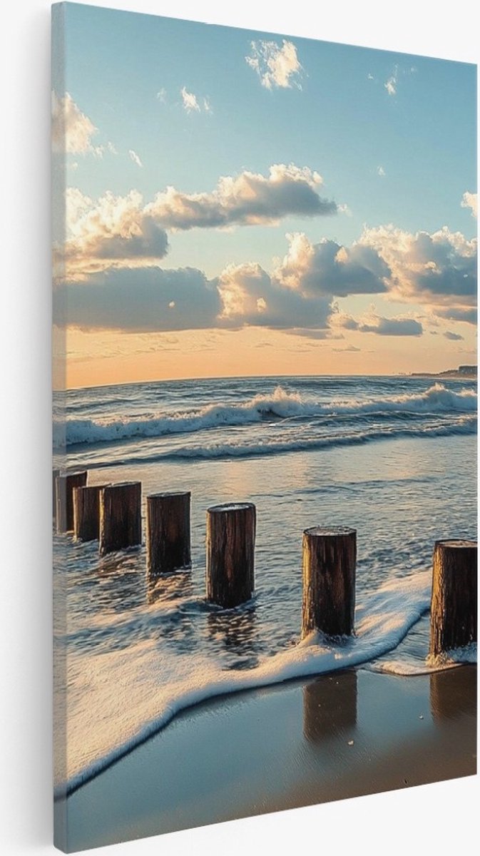 Saammp Canvas Schilderij - Strand en zee - Hout - Natuur - Landschap - 60x90 - Foto op canvas - Wanddecoratie - Muurdecoratie Woonkamer - Slaapkamer decoratie - Canvas Print Multicolor