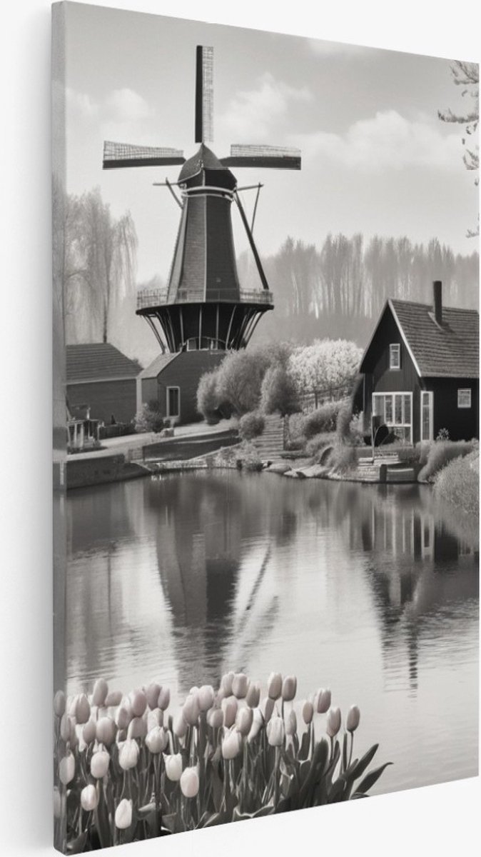 Saammp Canvas Schilderij - Landschap - Molen - Zwart-Wit - Natuur - 80x120 - Foto op canvas - Wanddecoratie - Muurdecoratie Woonkamer - Slaapkamer decoratie - Canvas Print Multicolor