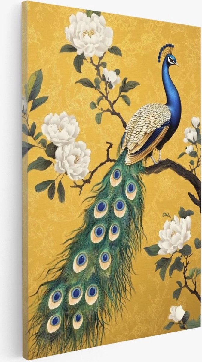 Saammp Canvas Schilderij - Pauw met witte lotus bloem - Natuur - Dieren - 50x70 - Foto op canvas - Wanddecoratie - Muurdecoratie Woonkamer - Slaapkamer decoratie - Canvas Print Multicolor