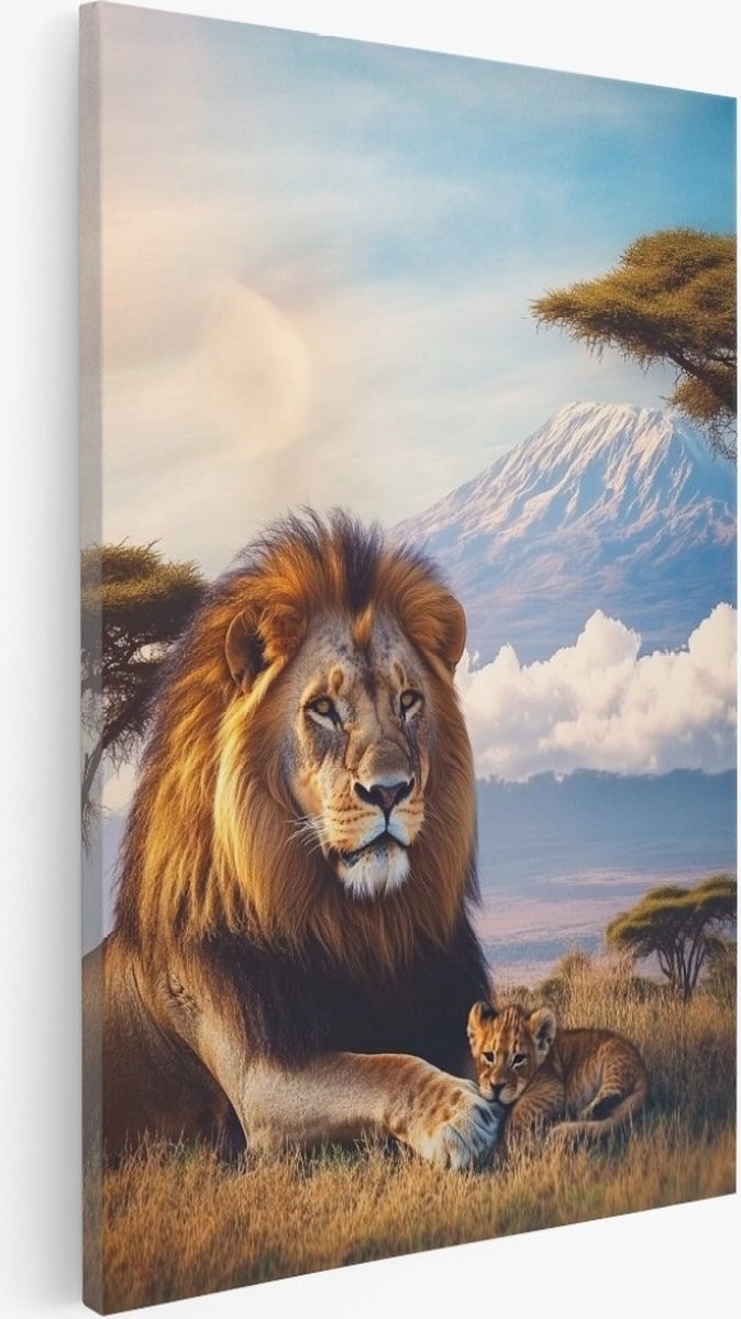 Saammp Canvas Schilderij - Leeuw bij kilimanjaro - Natuur - Dieren - 50x70 - Foto op canvas - Wanddecoratie - Muurdecoratie Woonkamer - Slaapkamer decoratie - Canvas Print Multicolor