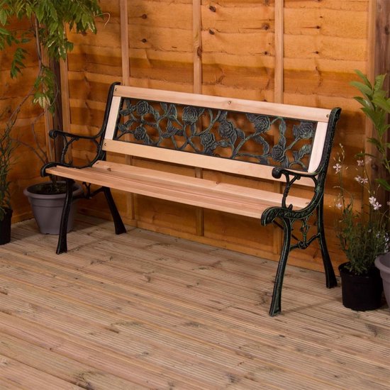 Banc de jardin style rosier - Salon de jardin 3 places - Lattes en bois - Pieds en fonte