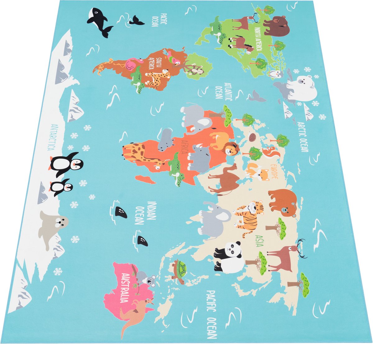 Flycarpets Binola Kindervloerkleed Blauw / Kleurrijk - 140x200 cm - Wereldkaart / Dieren Speelkleed / Speelmat - Laagpolig Vloerkleed Kinderkamer