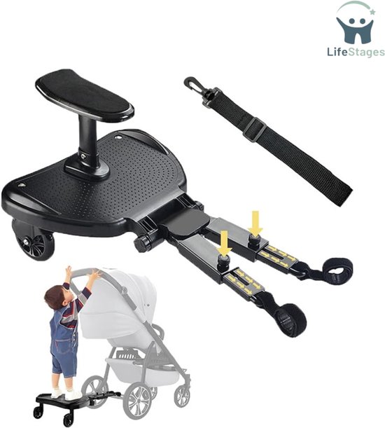 LifeStages - Meerijdplankje - Staplank voor Kinderwagen Universeel - Buggy-board met Zitting - Kiddy Board voor Alle Kinderwagens - Kinderwagen-accessoires voor Kinderen Van 2 tot 6 Jaar (25 kg) - Zwart