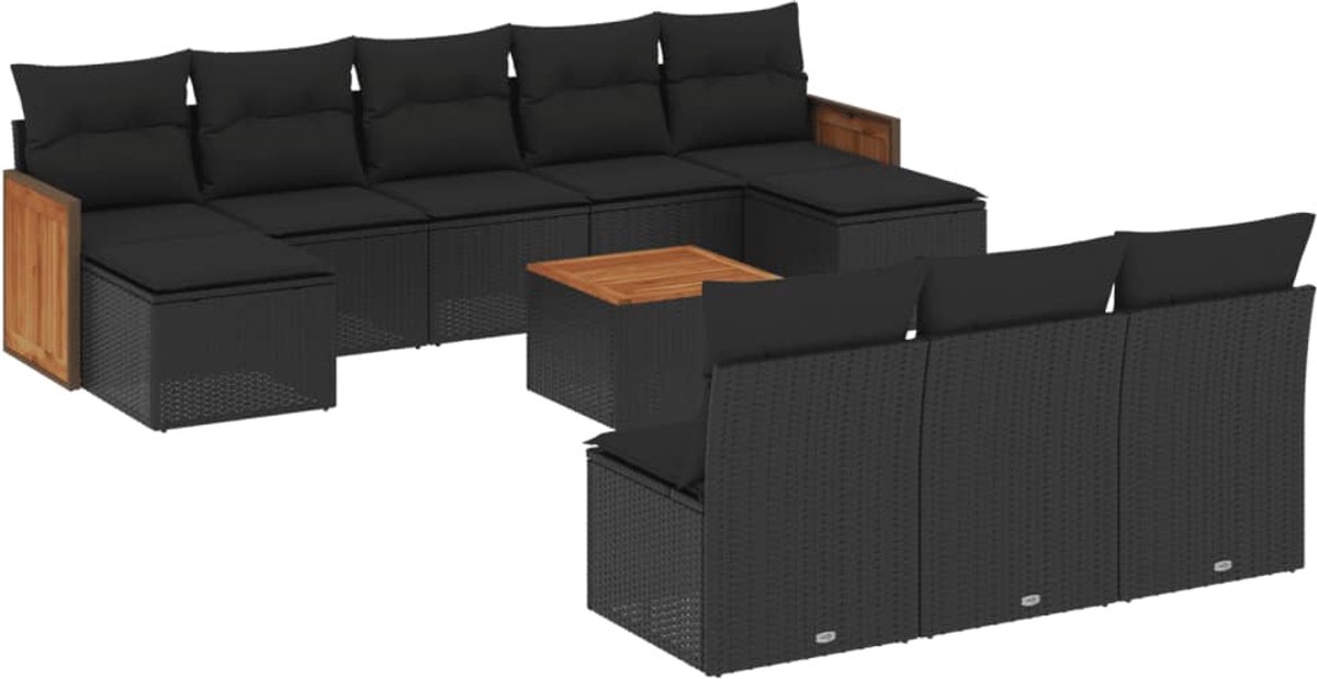 The Living Store 11-delige Loungeset met kussens poly rattan zwart - Loungebank - Lounge Set - Buitendecoratie - Tuinmeubels - Pe Rattan