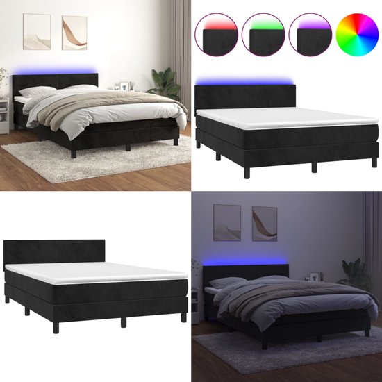vidaXL Boxspring met matras en LED fluweel zwart 140x200 cm - Boxspring - Boxsprings - Bed - Slaapmeubel