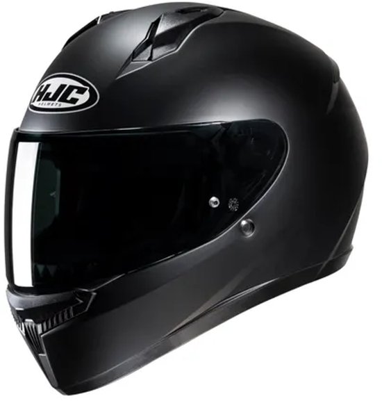 Zwarte HJC integraalhelm met donker vizier en logo op zijkant.