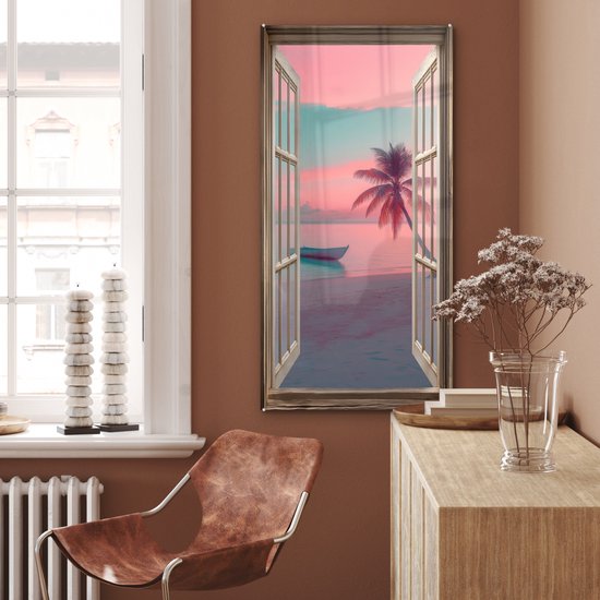 MuchoWow® Glasschilderij 60x120 cm - Schilderij acrylglas - Doorkijk - Strand - Palmboom - Tropisch - Foto op glas - Muurdecoratie woonkamer - Wanddecoratie slaapkamer - Schilderijen