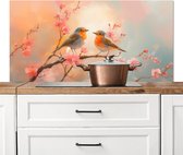 Crédence de Cuisinière en Aluminium 120x60 cm - Merle - Ornemental - Branche fleurie - Écran Pare-éclaboussures pour Plaque de Cuisson - Protection Murale