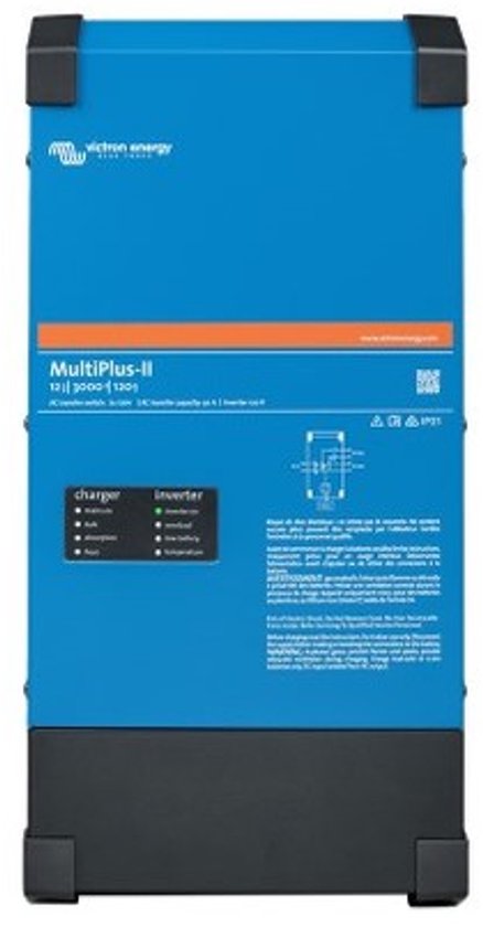 Blauwe Victron MultiPlus-II omvormer met oranje band en indicatielampjes. Zwarte hoekstukken.