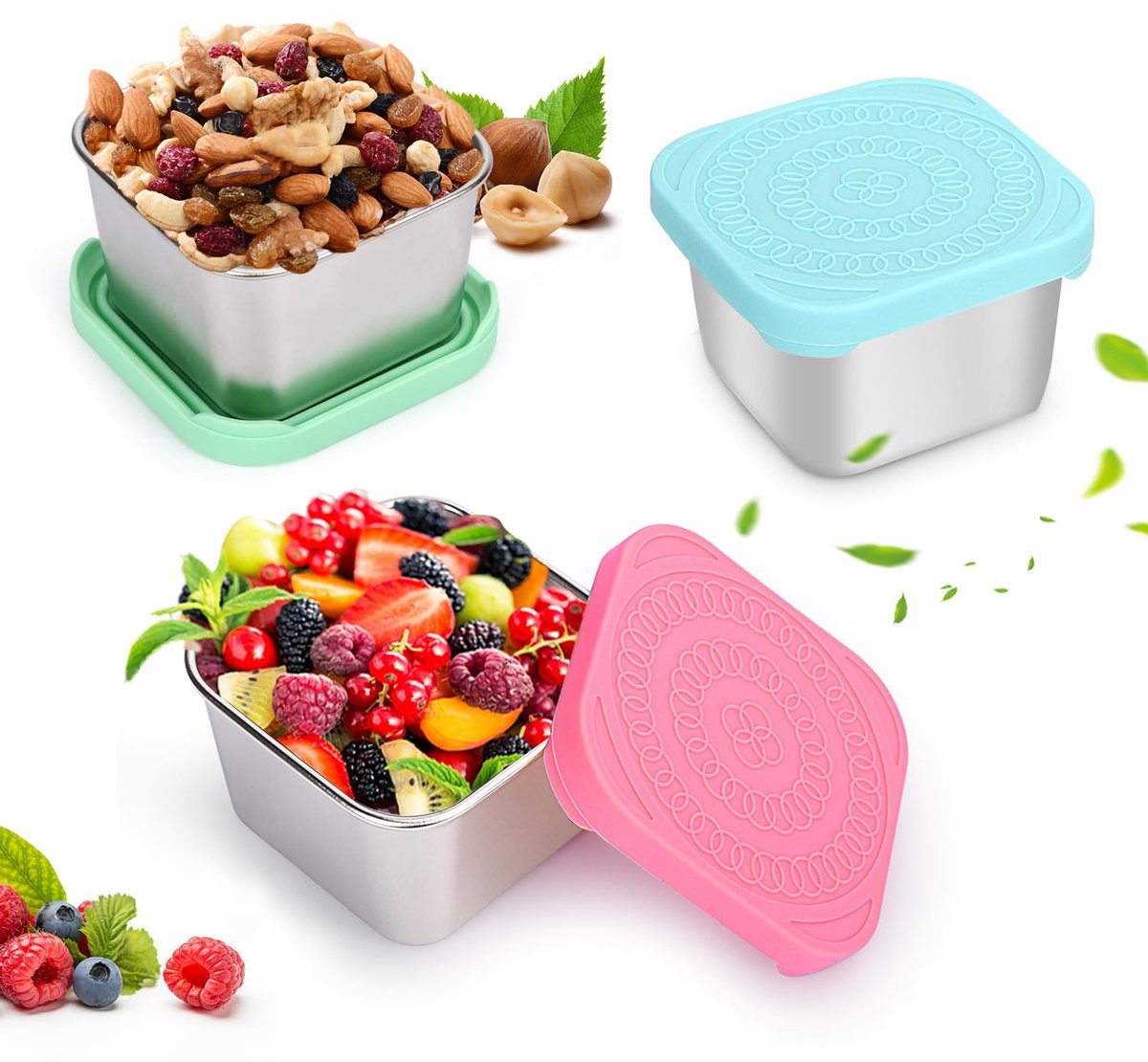 My Ninki ® Gemakkelijke en Lekvrije Roestvrijstalen Snackcontainers met Siliconen Deksel, Set van 3, 180 ml, Herbruikbaar en Draagbaar