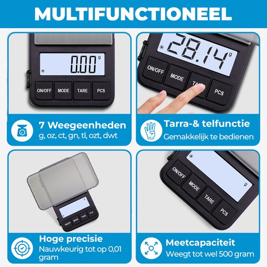Balance numérique, affichage 0,00g et 28,14g. 7 unités de pesage, fonction Tare & comptage.