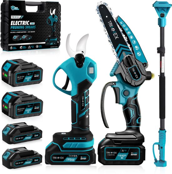Set van Trimmex: elektrische snoeischaar, mini-kettingzaag, telescoopsteel, opbergkoffer en 4 accu's.