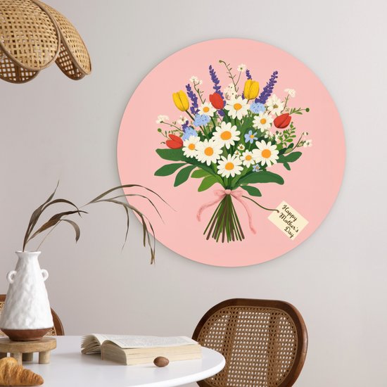 WallCircle® Wandcirkel 60x60 cm - Muurcirkel Bloemen - Lint - Kaartje - Muurdecoratie woonkamer - Wanddecoratie slaapkamer - Kamer decoratie accessoires - Ronde schilderijen