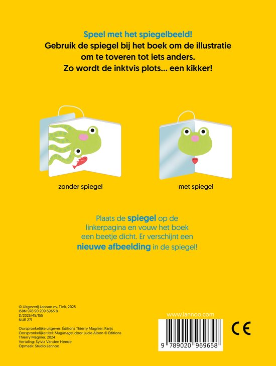 Arrière du livre 'Spiegelspel!' avec illustration d'une grenouille et d'un calmar, expliquant le fonctionnement du miroir.