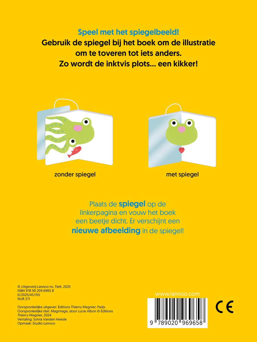 Arrière du livre 'Spiegelspel!' avec illustration d'une grenouille et d'un calmar, expliquant le fonctionnement du miroir.