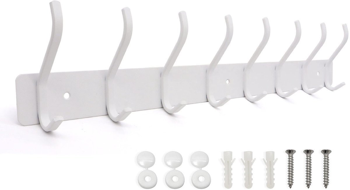 My Ninki ® Stijlvolle en Robuuste Wandkapstok met 8 Haken voor Badkamer en Slaapkamer, Witte Afwerking, Metalen Constructie