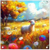 Tuinposter 50x50 cm - Tuindecoratie Schaap - Weide - Bloemen - Poster voor in de tuin - Buiten decoratie - Schutting tuinschilderij - Tuindoek muurdecoratie - Wanddecoratie balkondoek