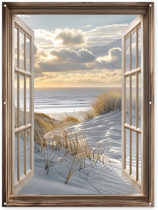 Gards Tuinposter Doorkijk Strand en Zee vanuit de Duinen - 150x100 cm